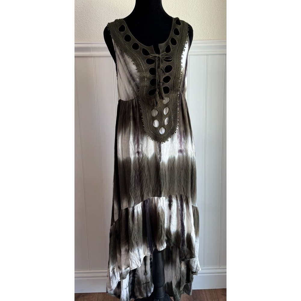 Venus Boho Dress Womens Small Hi Low Tie-Dye Lace Tie Front Tassel Tiered Flowy
